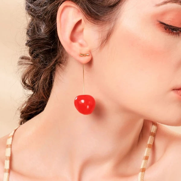 Drop Cherry Earrings With Gold Stems